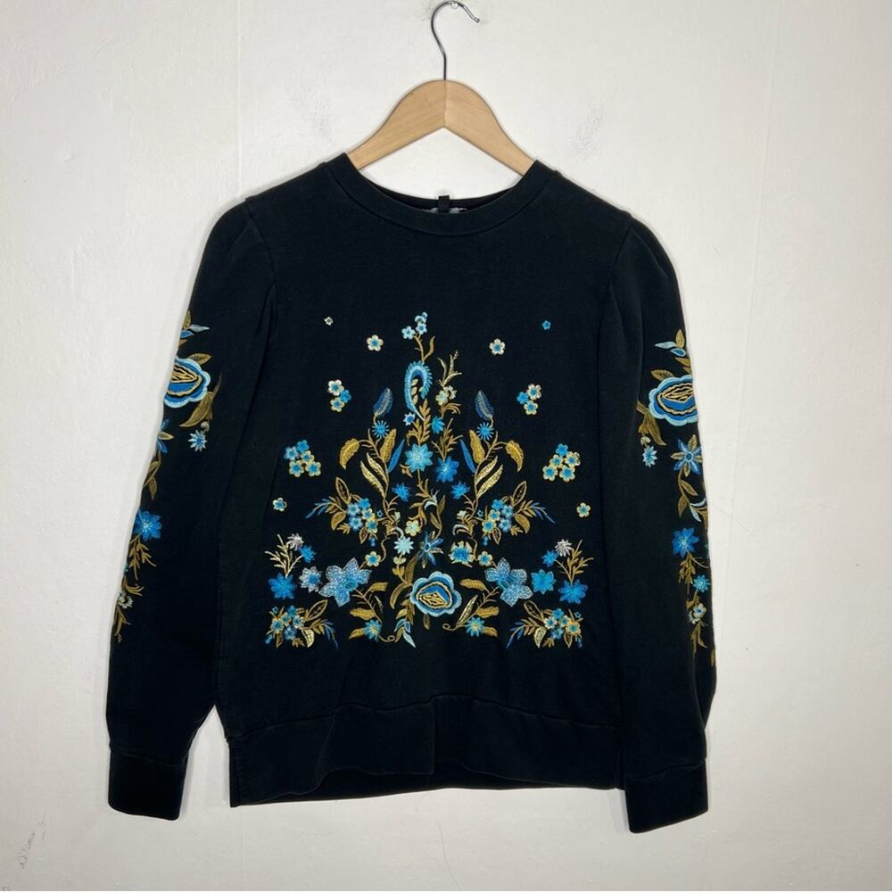 DREW Embroidered Floral Black Puff Sleeve Sweatshirt Size Medium